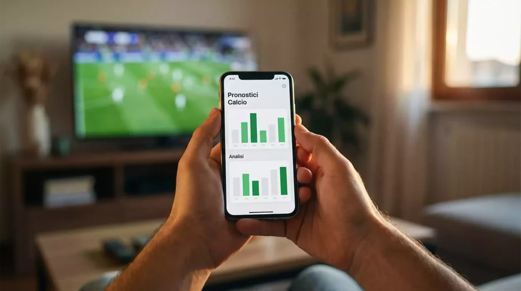 Persona consulta statistiche calcio sullo smartphone prima di una partita