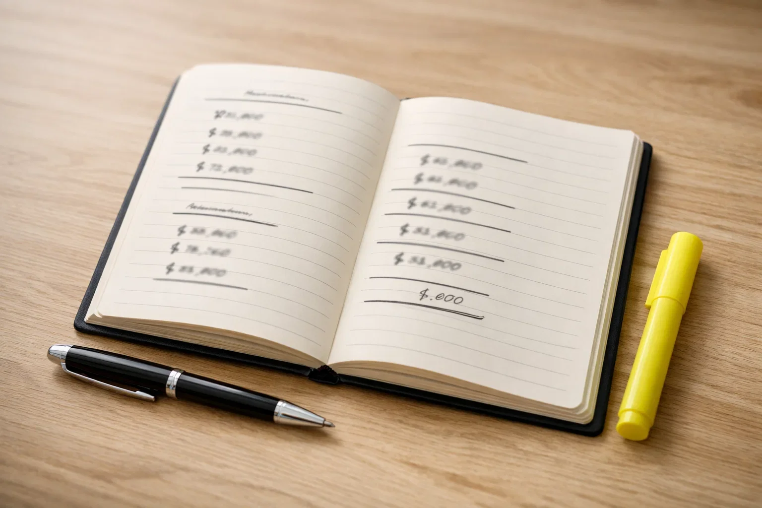 Blocco note con annotazioni di budget e penna