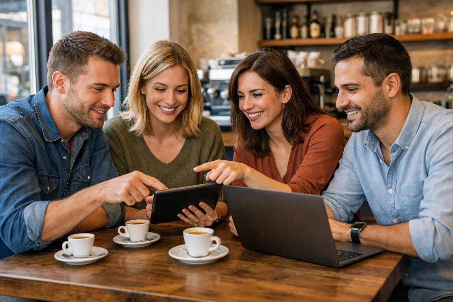Gruppo di persone che discutono attorno a un tavolo con laptop