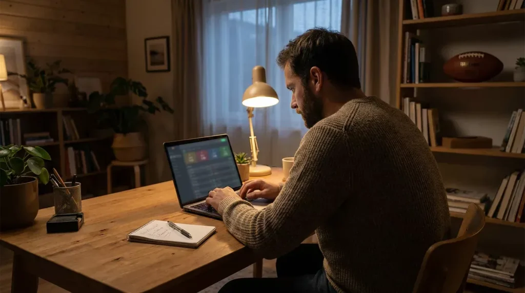 Persona che confronta diverse quotazioni sportive su un notebook in un ambiente domestico