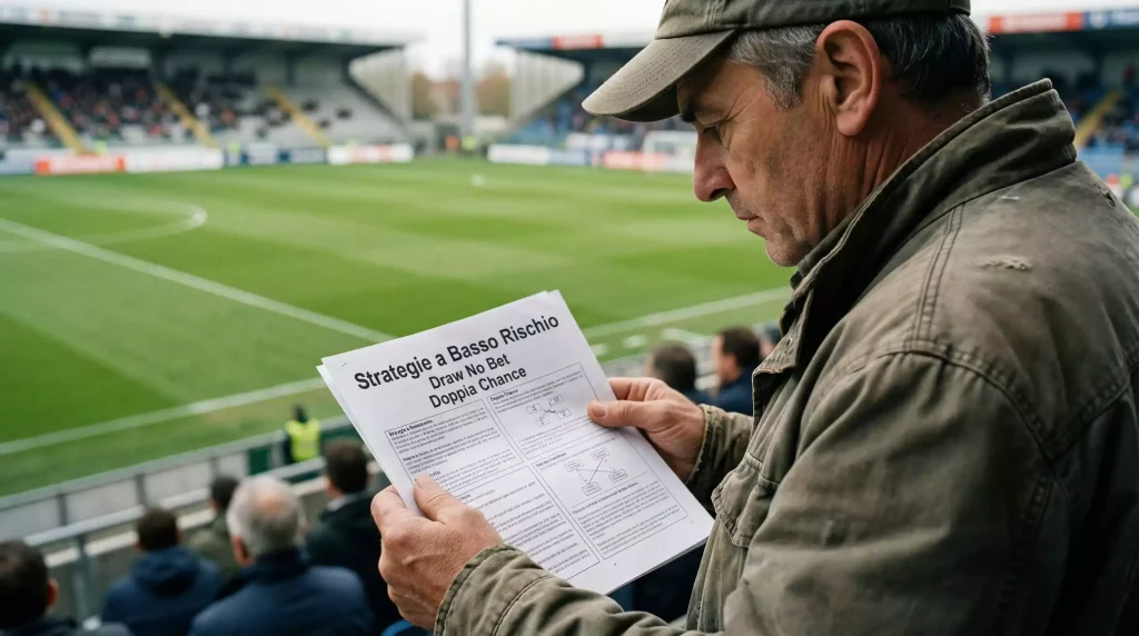 Tifoso concentrato che studia un documento con strategie davanti a un campo da calcio sfocato sullo sfondo