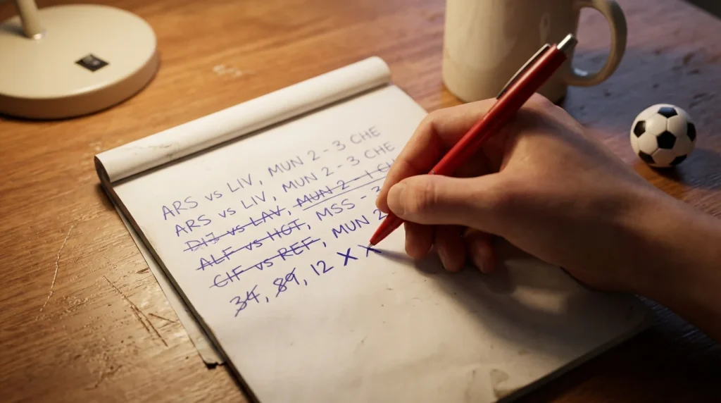 Mano che cancella appunti sbagliati su un blocco note con analisi di partite di calcio