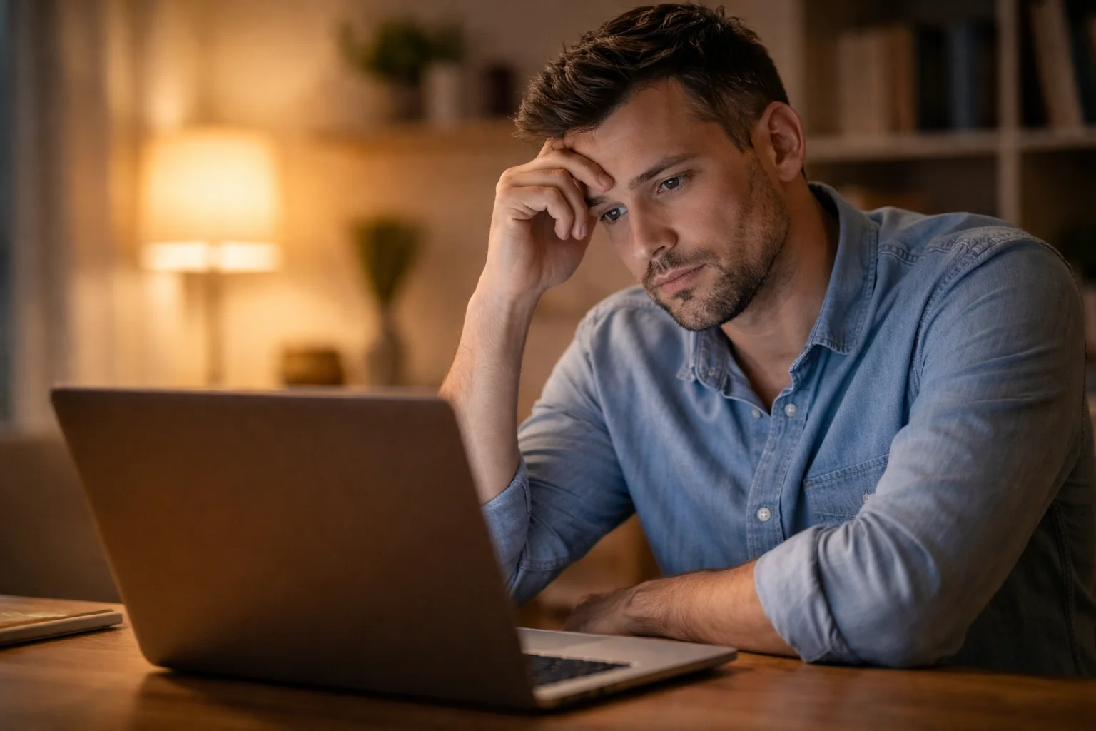 Persona pensierosa davanti al computer con espressione preoccupata