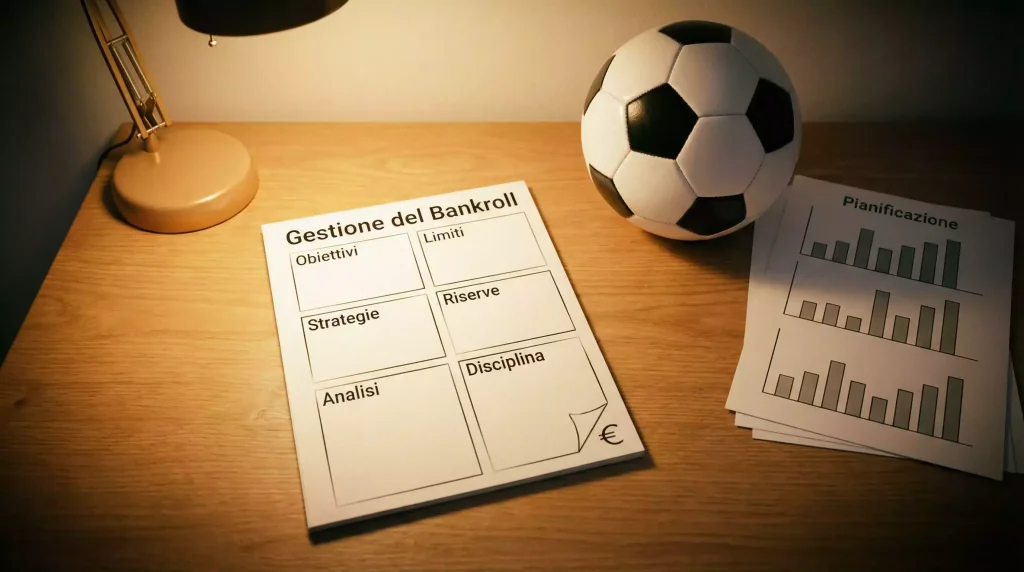 Persona che pianifica il budget delle scommesse con un blocco appunti e una penna accanto a un pallone da calcio