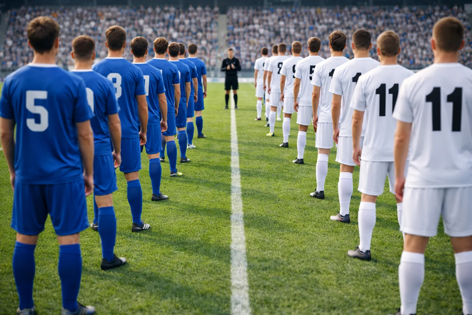 Due squadre di calcio schierate prima del fischio di inizio