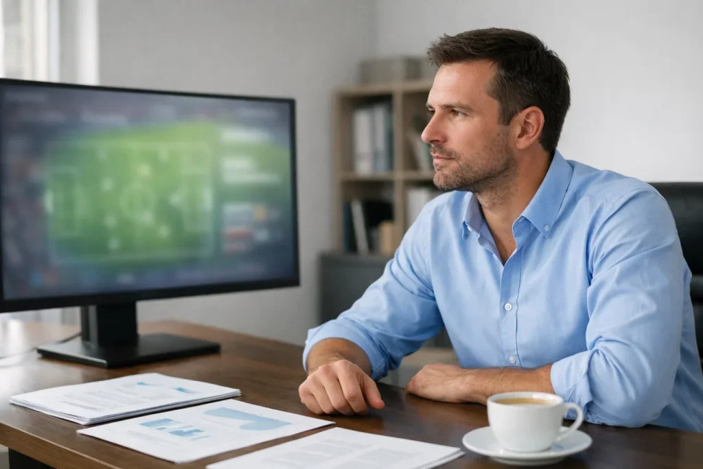 Analista sportivo che valuta statistiche di calcio su schermo