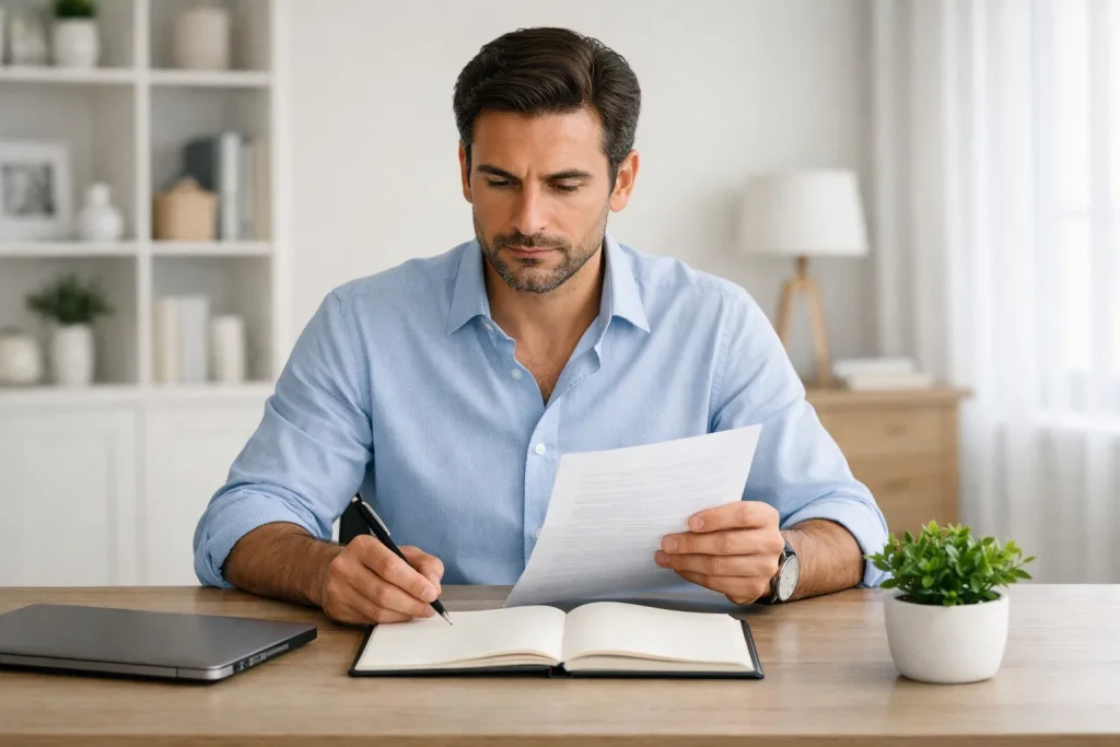 Persona concentrata che gestisce budget su scrivania ordinata