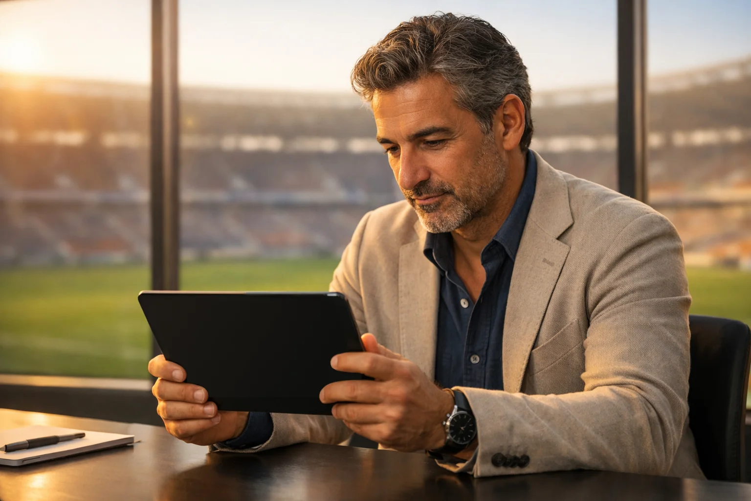 Analista di scommesse calcio che studia statistiche su tablet in uno stadio