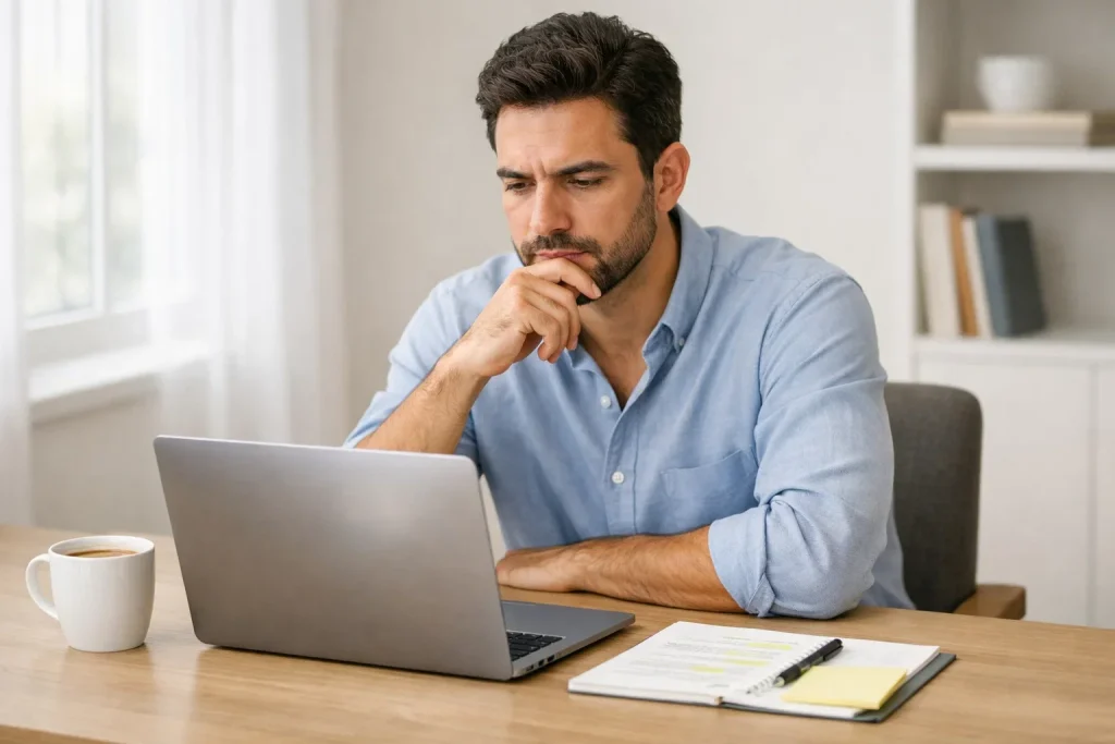 Persona che valuta opzioni su laptop con espressione riflessiva