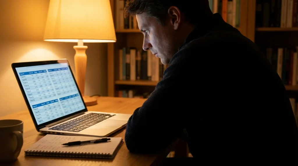 Persona con un laptop analizza le quote di scommesse calcistiche in una stanza con luce calda