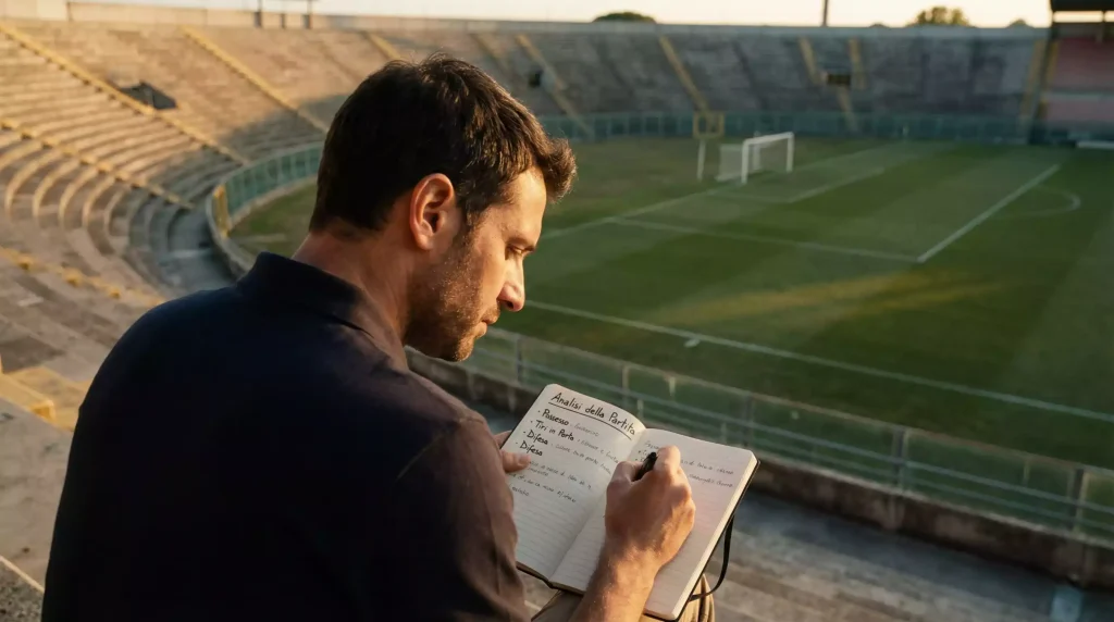 Analista studia statistiche di Serie A su un quaderno con lo stadio sullo sfondo