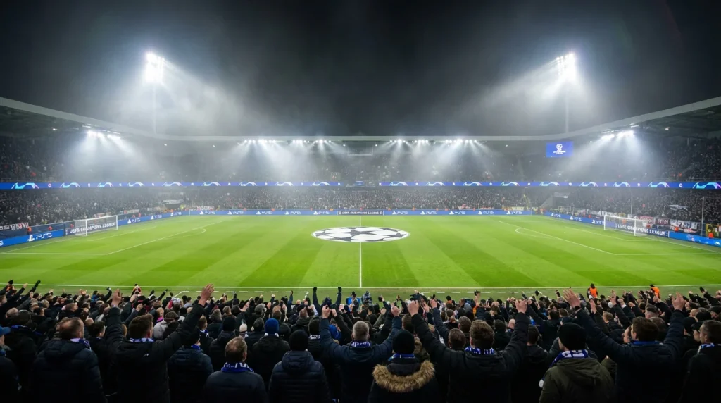 Tifosi allo stadio durante una partita notturna di Champions League con i riflettori accesi
