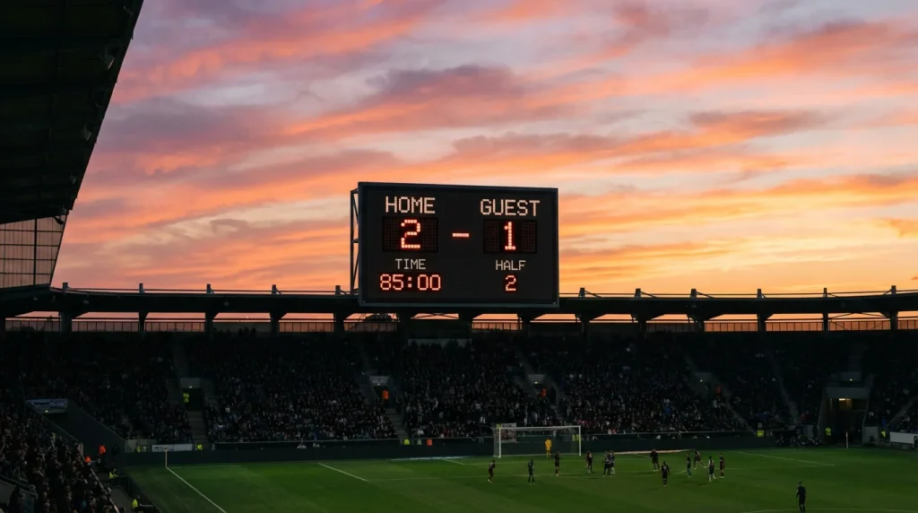 Tabellone segnapunti di uno stadio di calcio con i numeri dei gol illuminati al tramonto