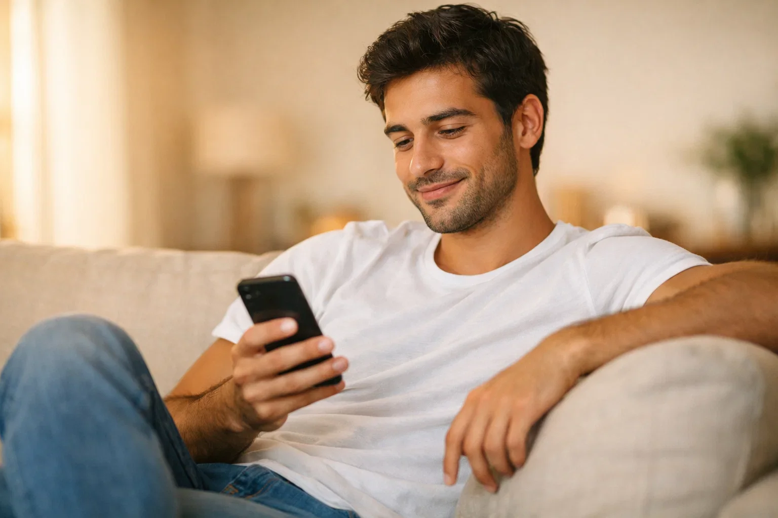 Giovane che consulta contenuti sul telefono in ambiente casual