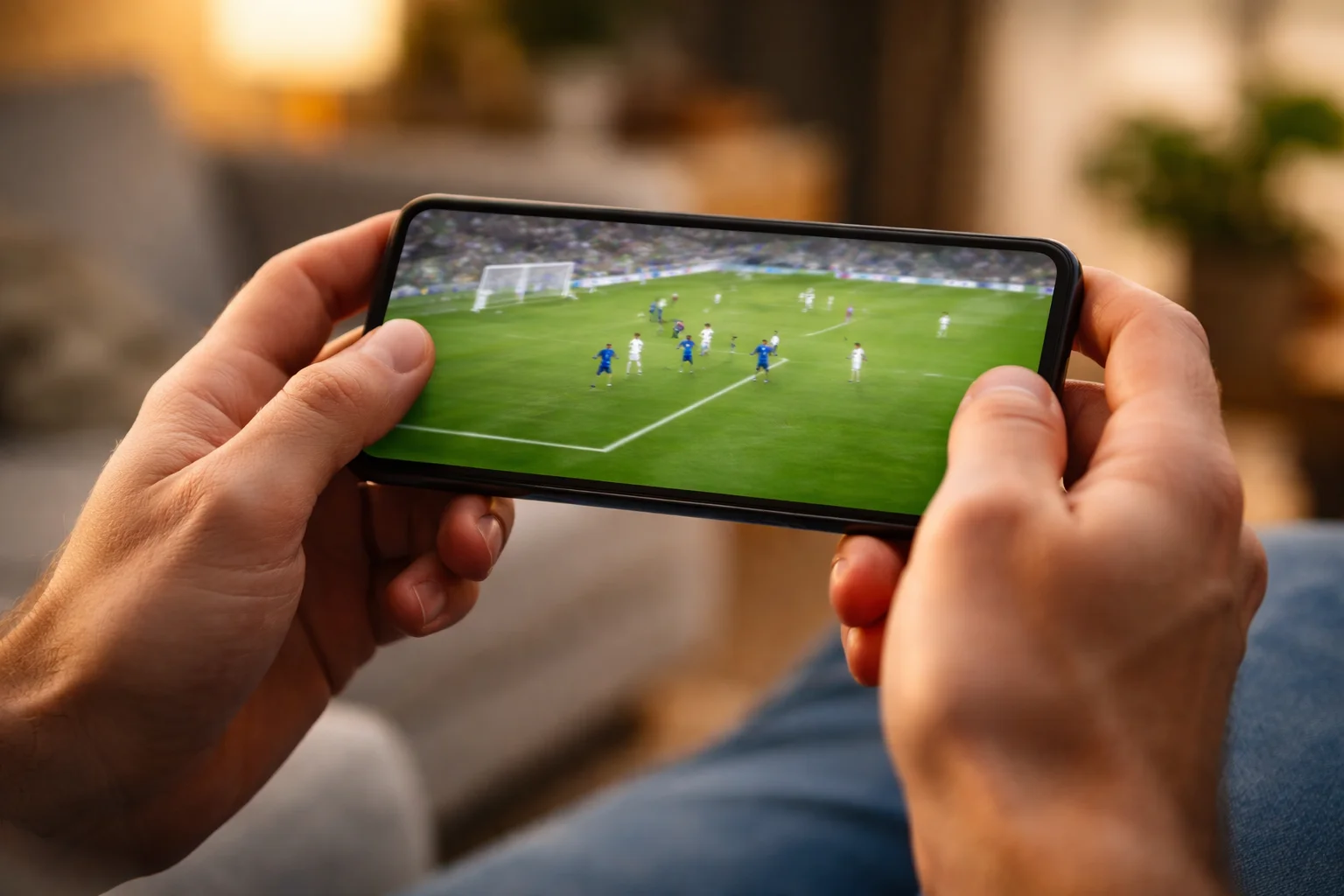 Persona che guarda partita di calcio su smartphone