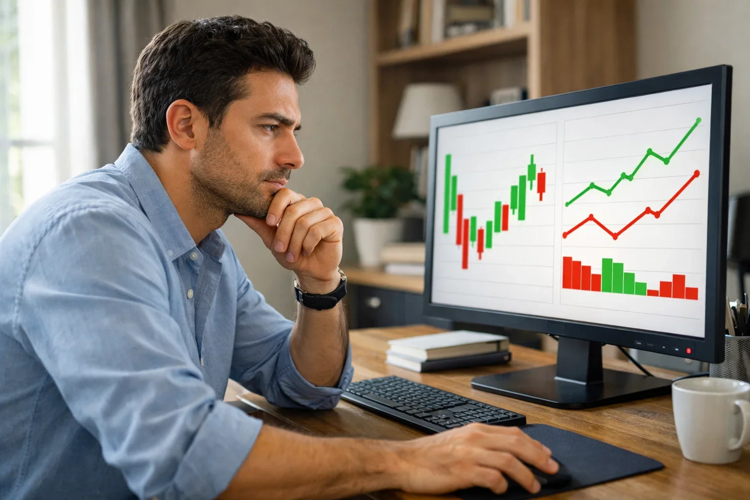 Analista che esamina grafici di rendimento su monitor