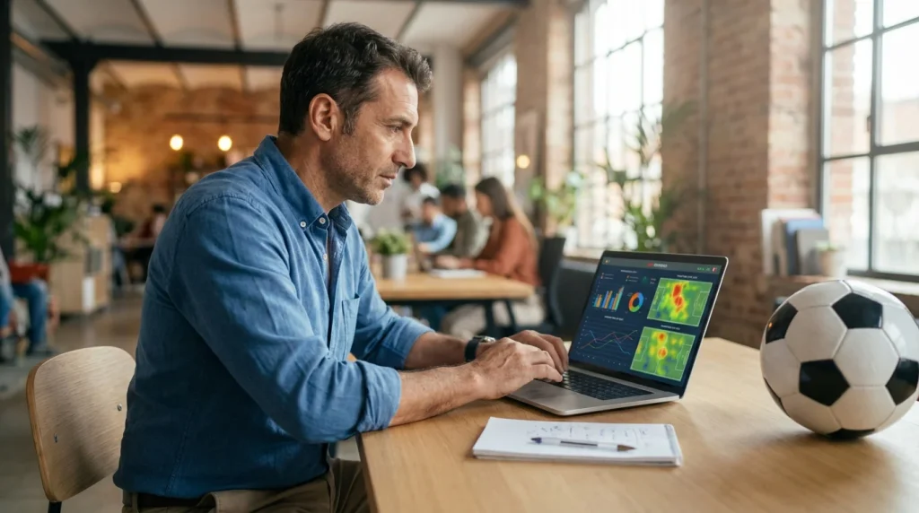 Professionista del calcio che analizza dati delle partite su un laptop in un ambiente di lavoro moderno