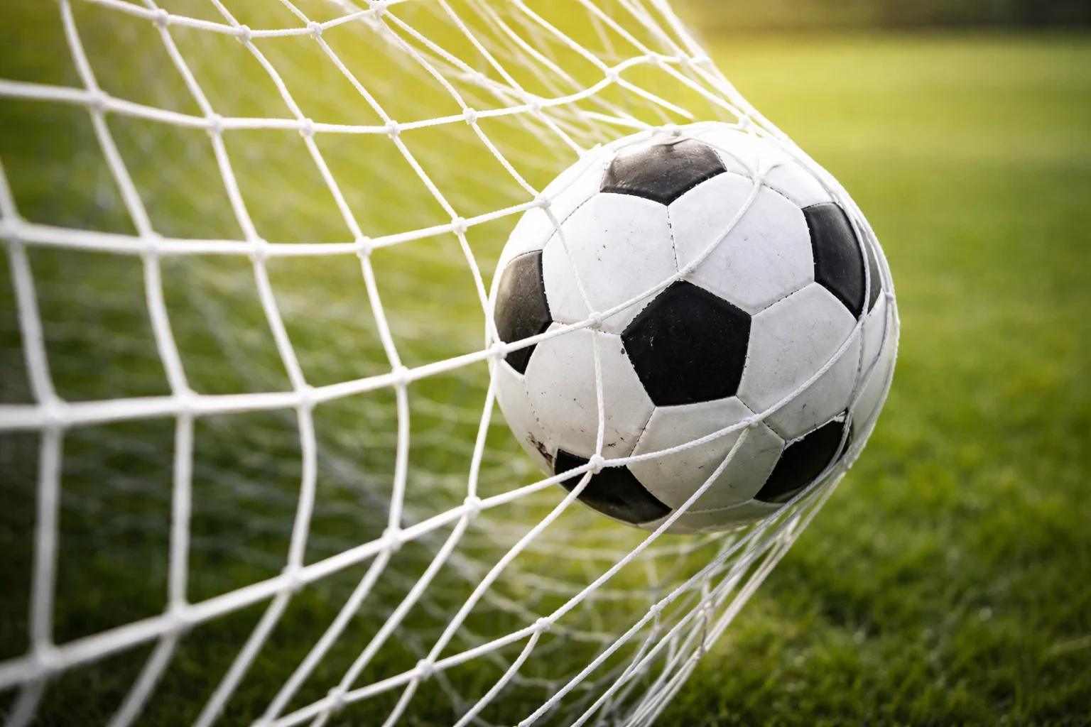 Pallone che entra in rete durante una partita di calcio