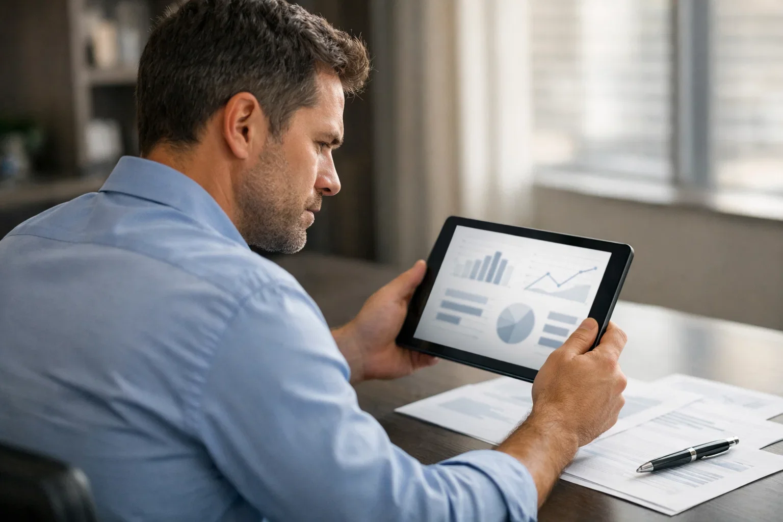 Professionista che consulta report dettagliato su tablet