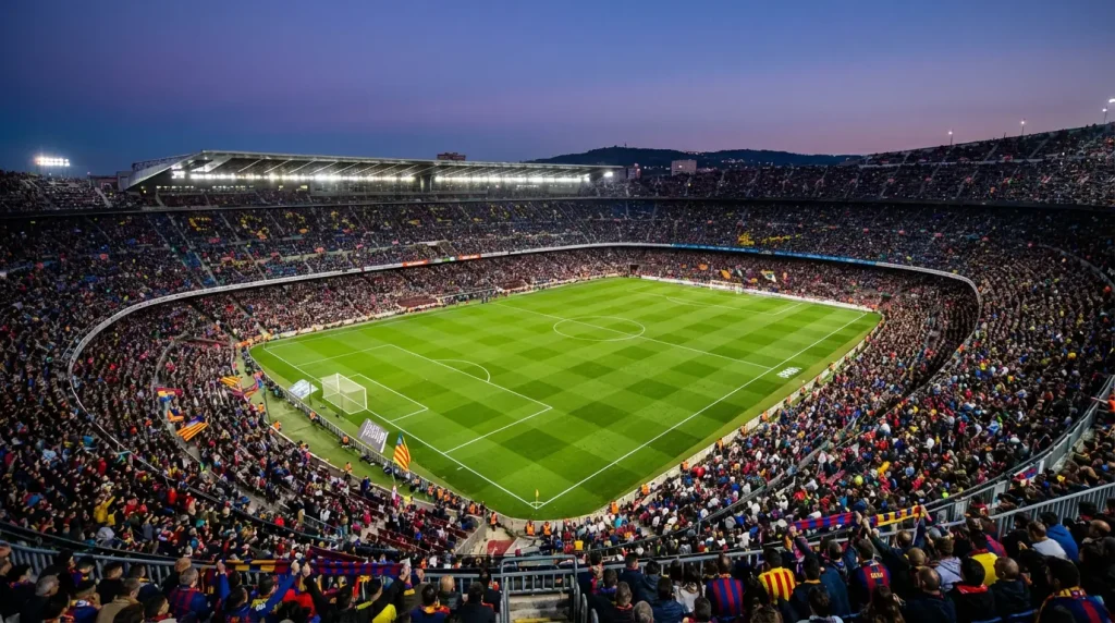 Stadio di calcio europeo pieno di tifosi con un campo verde illuminato sotto i riflettori serali