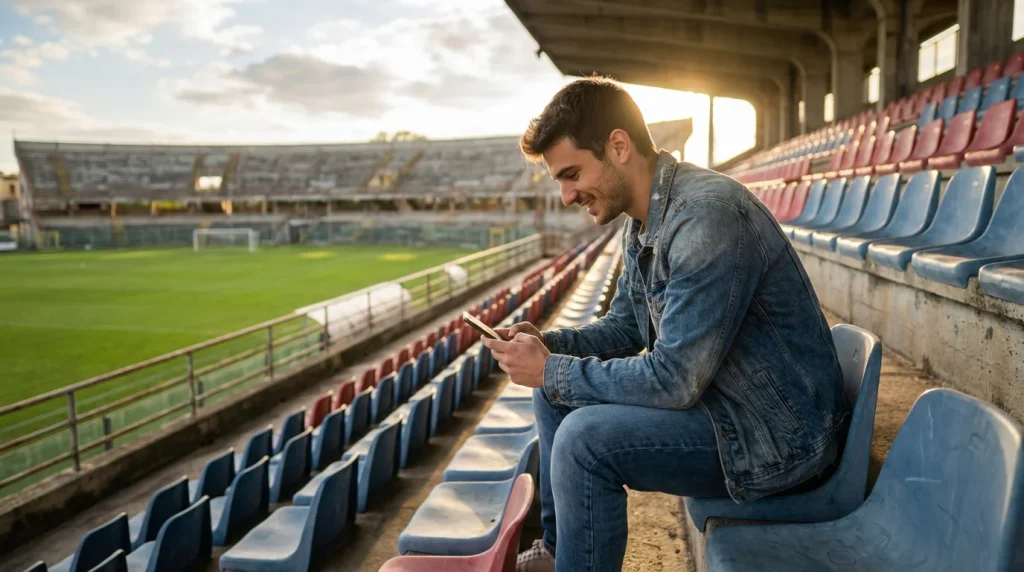 Persona che consulta pronostici calcistici sullo smartphone seduta sugli spalti di uno stadio di calcio