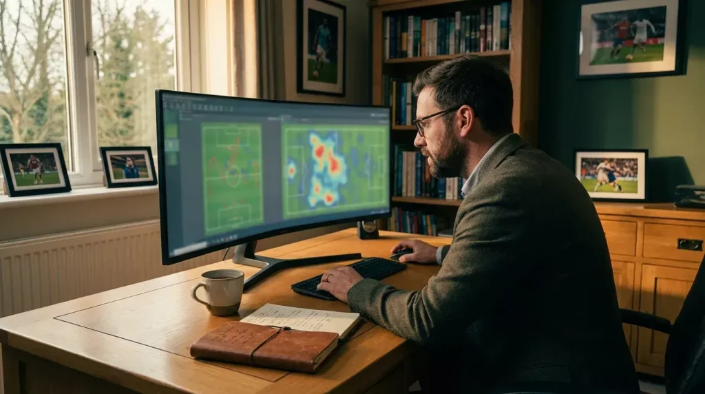 Analista che studia dati di partite di calcio su un grande schermo in uno studio moderno