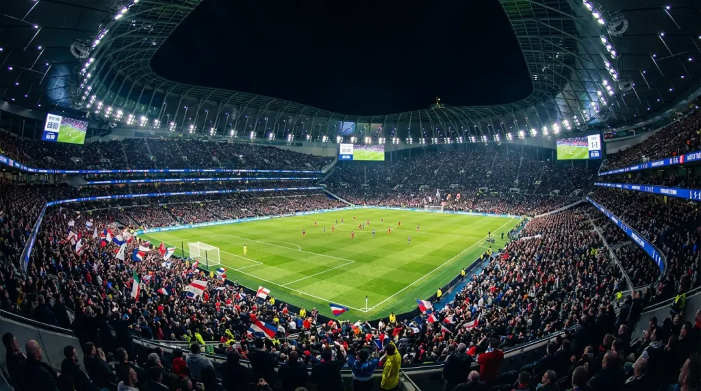 Stadio di calcio gremito di tifosi durante una partita internazionale