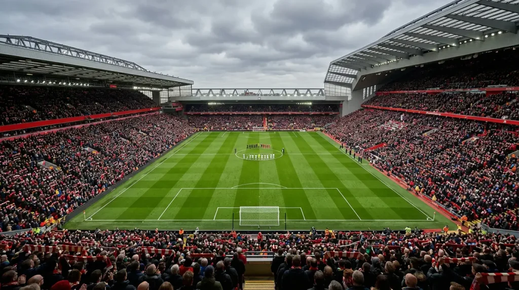 Stadio di calcio inglese gremito di tifosi durante una partita di Premier League