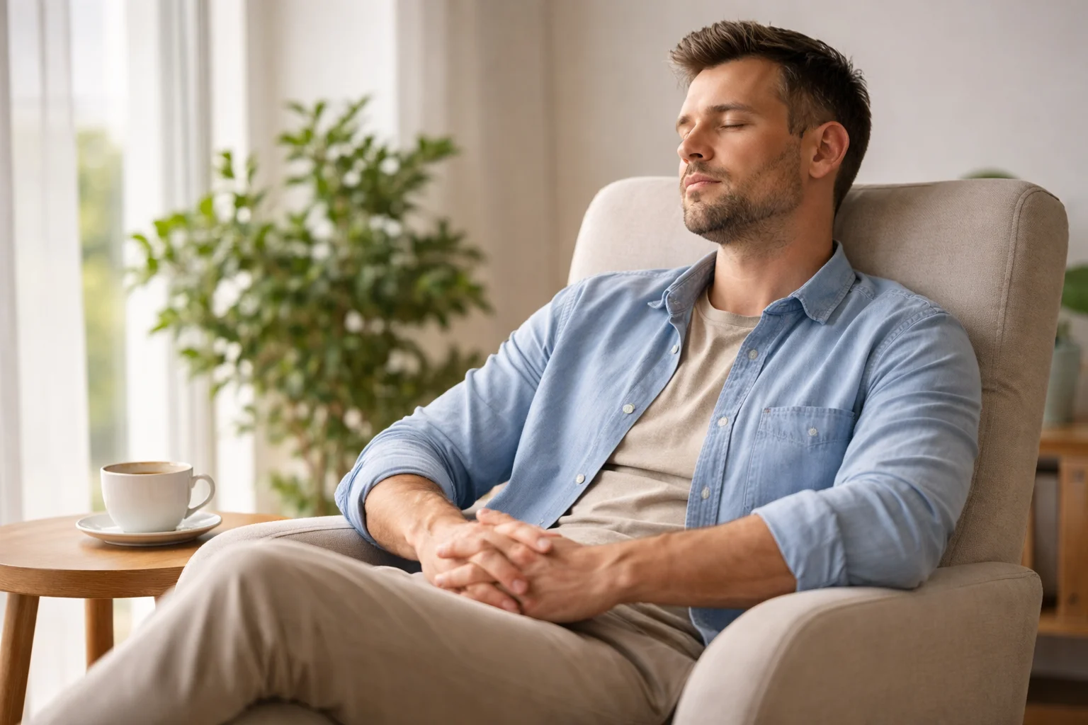 Uomo che medita con gli occhi chiusi in ambiente tranquillo