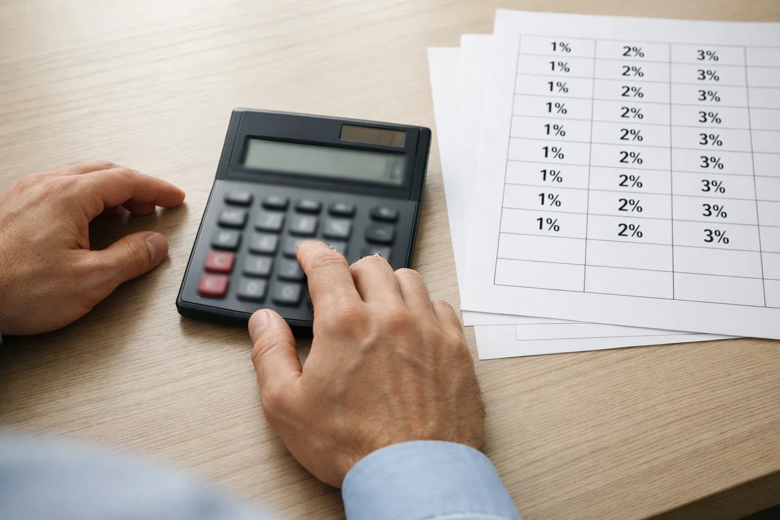 Mani che usano calcolatrice accanto a fogli con percentuali