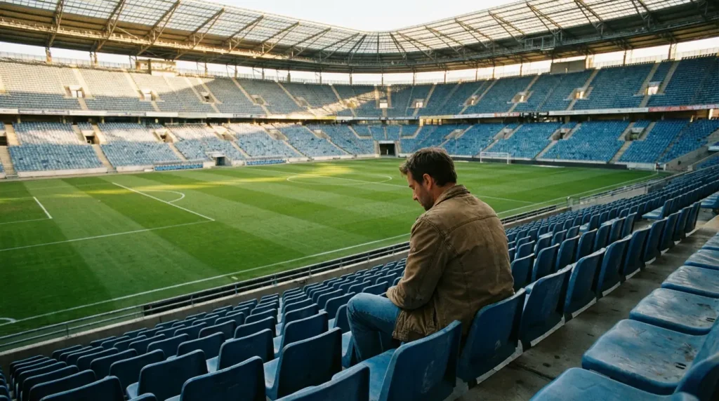 Uomo seduto su una tribuna di stadio vuota che riflette con calma guardando il campo da calcio