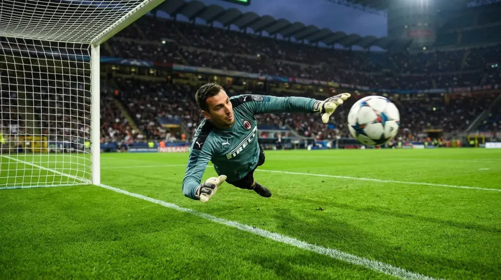 Portiere di calcio si tuffa per parare un tiro durante una partita su campo in erba