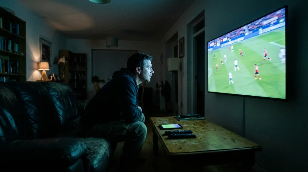 Tifoso concentrato che guarda una partita di calcio in diretta su un grande schermo televisivo