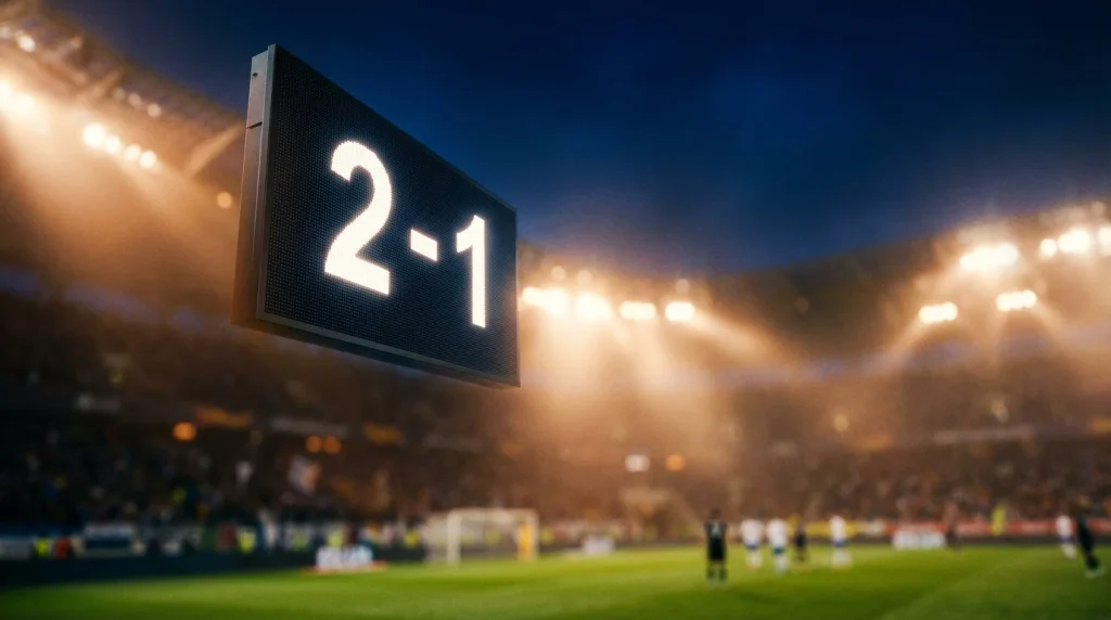 Tabellone luminoso dello stadio mostra il risultato di una partita di calcio serale