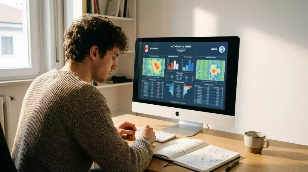 Analista sportivo che studia statistiche calcistiche su un monitor in una stanza con luce naturale