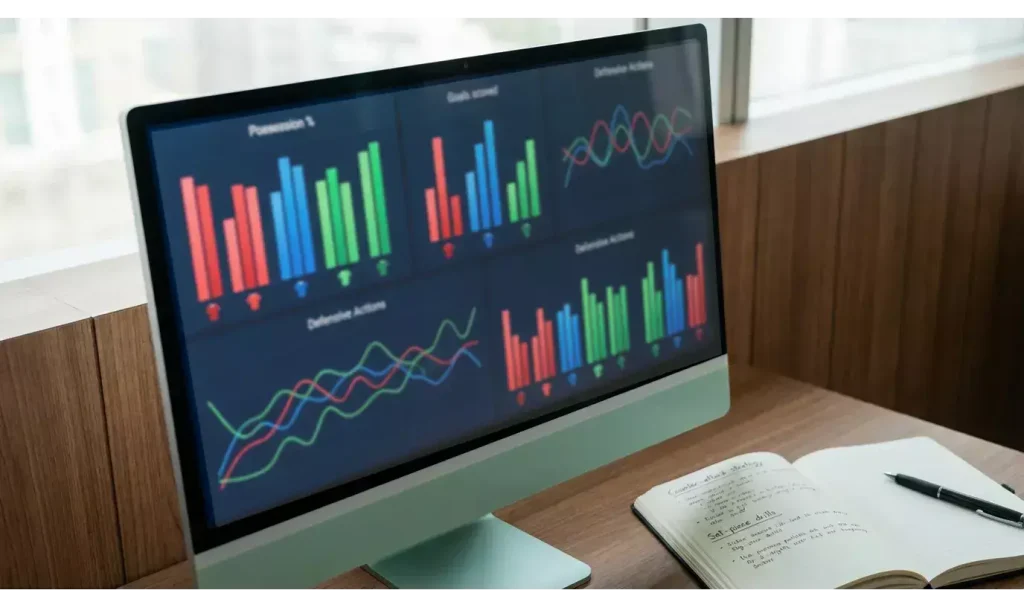 Schermo di computer con grafici e statistiche di analisi calcistica