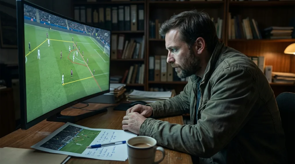 Analista sportivo studia statistiche calcio su monitor durante una partita