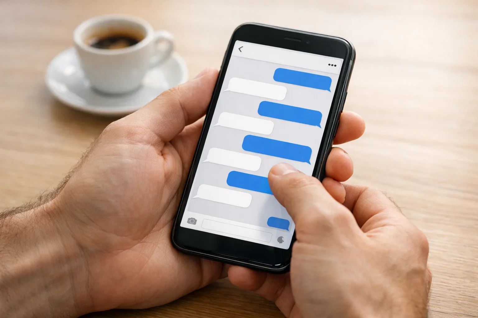 Mani che utilizzano smartphone con app di messaggistica istantanea