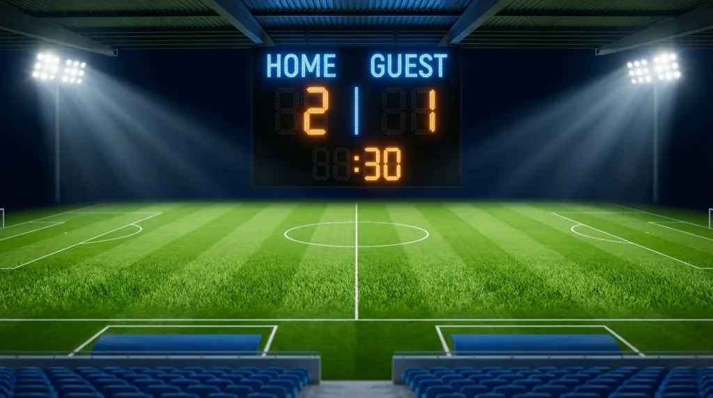 Tabellone luminoso di uno stadio di calcio con il punteggio di una partita in corso su un campo verde