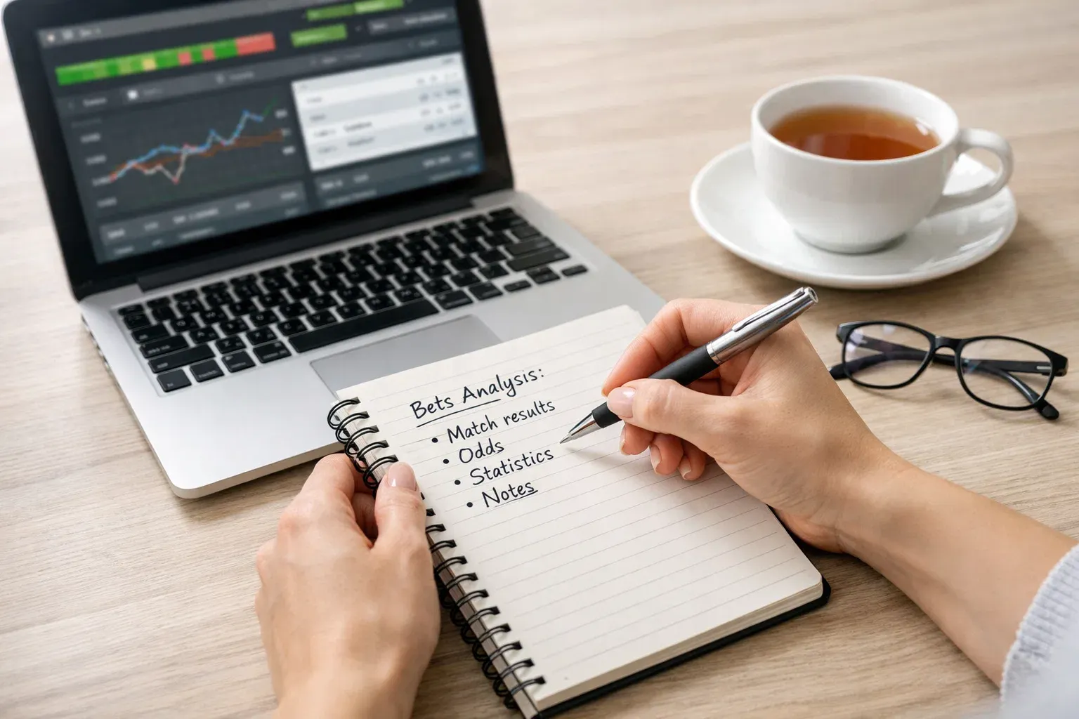 Mani che scrivono appunti accanto a laptop con grafici